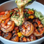 Grilled shrimp bowl topped with creamy garlic sauce and avocado