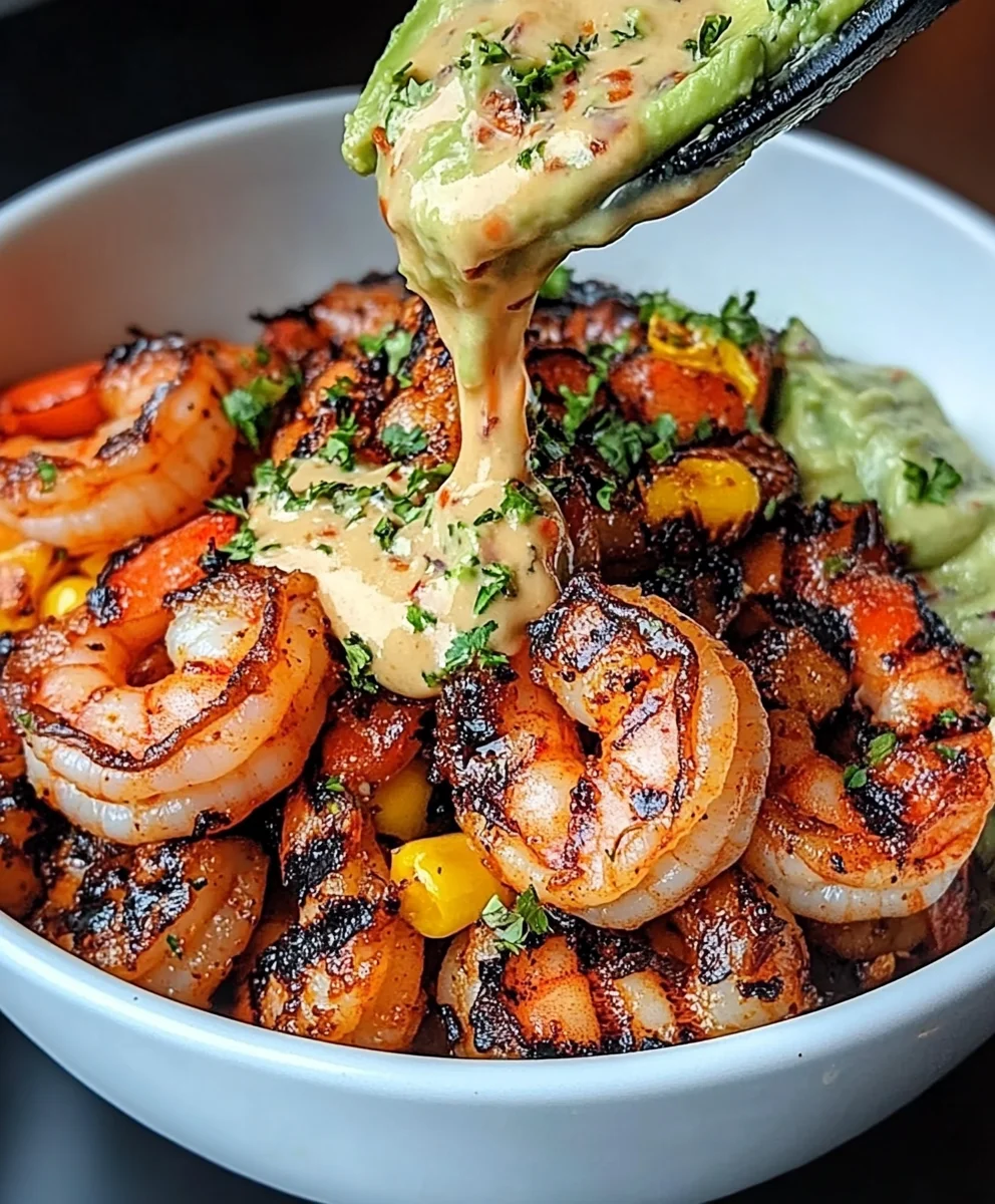 Grilled shrimp bowl topped with creamy garlic sauce and avocado