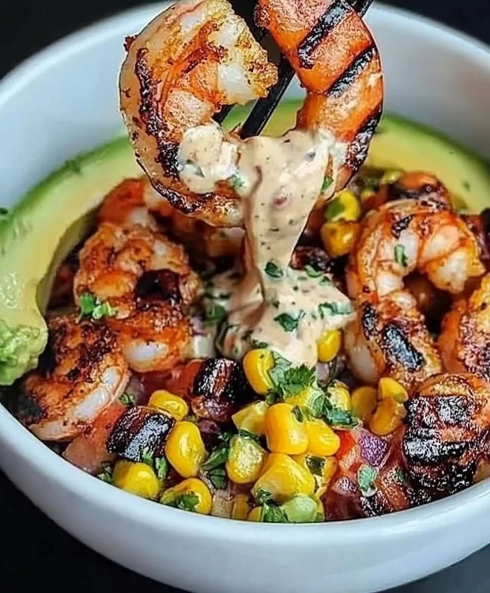 Grilled Shrimp Bowl with Avocado, Corn Salsa & Creamy Sauce