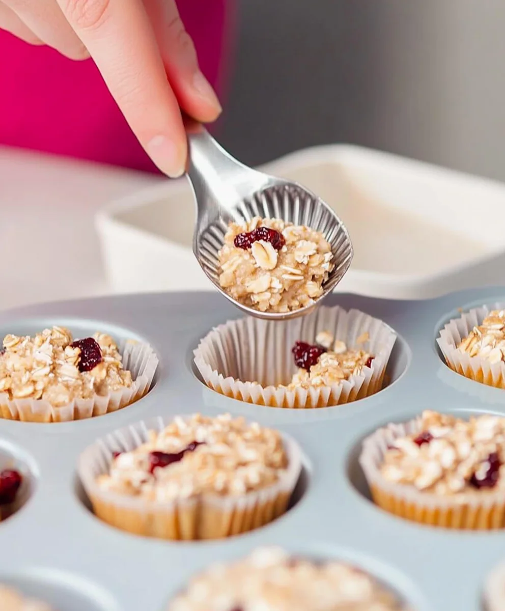 Hand scooping oatmeal cupcake batter into lined muffin tin for baking
