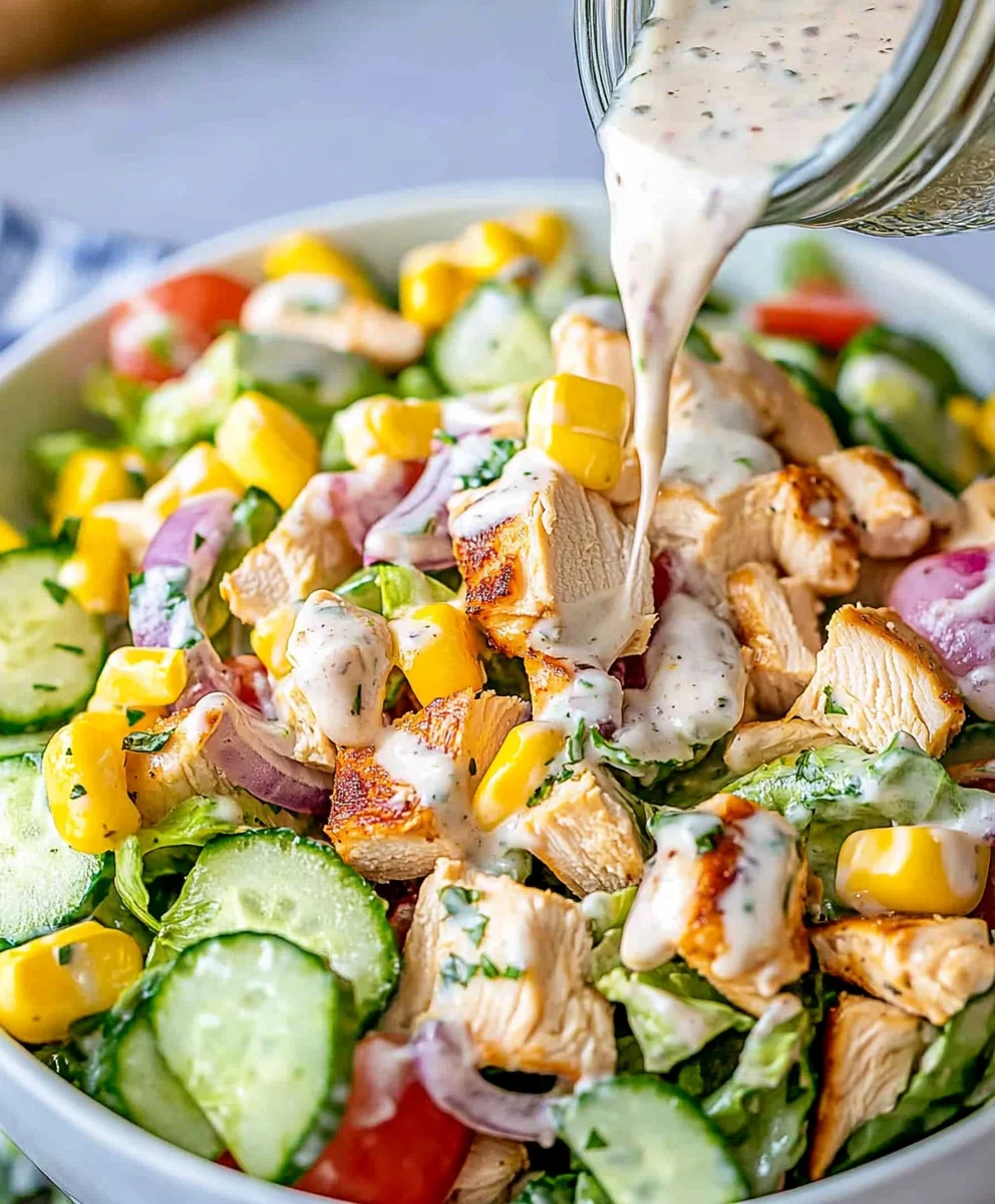 Ranch dressing being poured over a hearty chicken salad