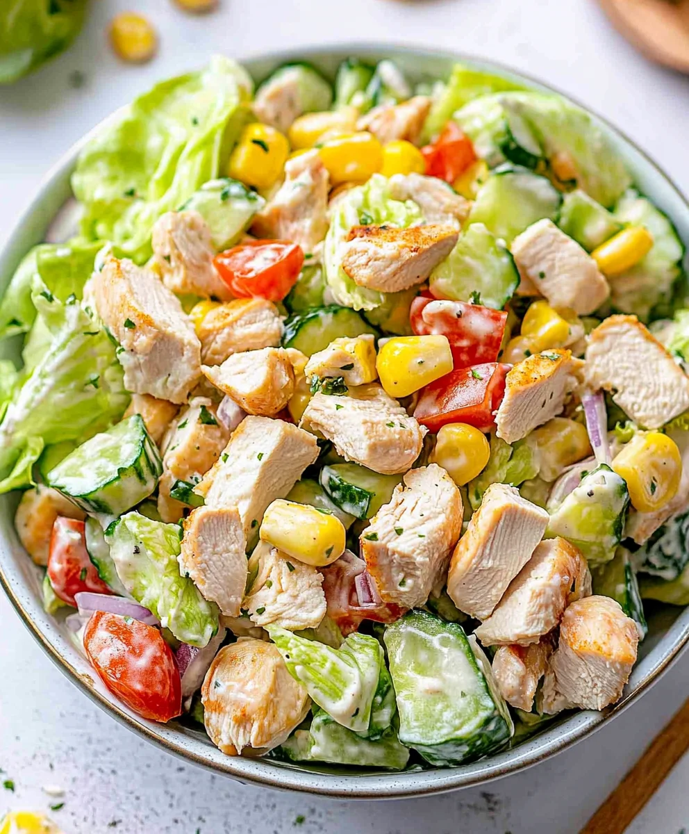 Bowl of ranch chicken salad with lettuce, cherry tomatoes, and cucumbers