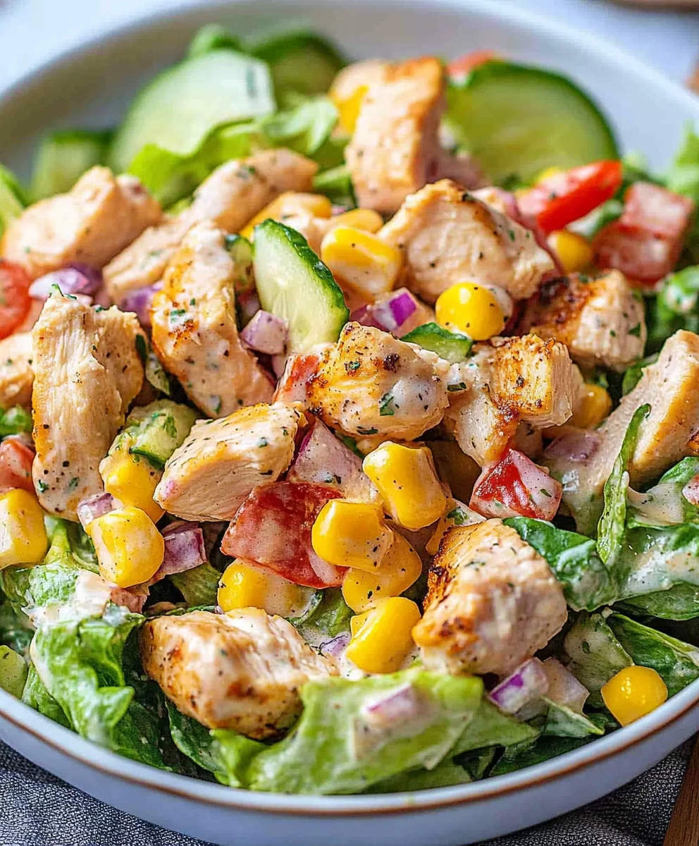 Healthy Ranch Chicken Salad with grilled chicken, corn, and cucumbers