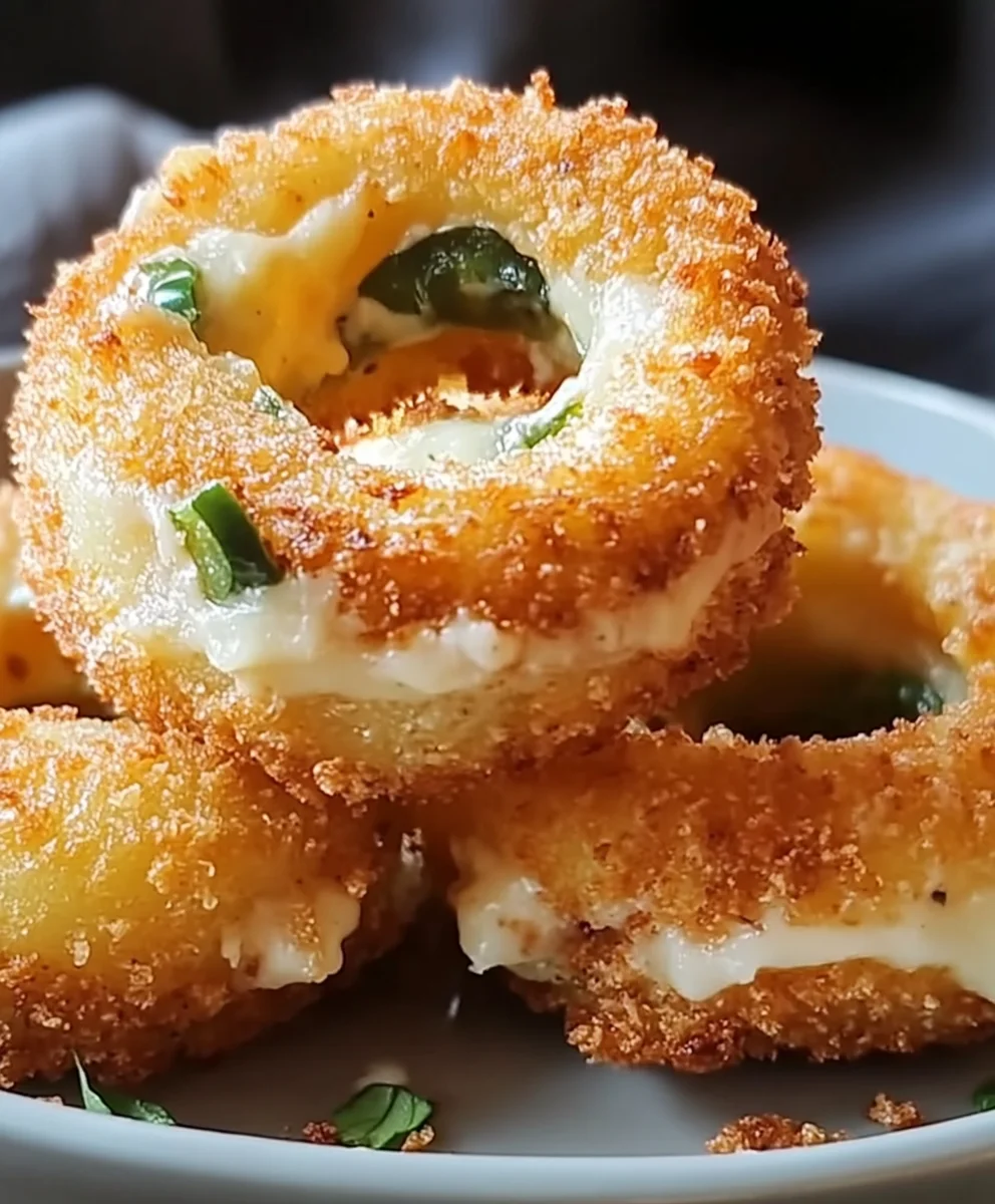 Close-up of fried onion rings filled with gooey jalapeño-cheese filling, topped with herbs on a ceramic plate.