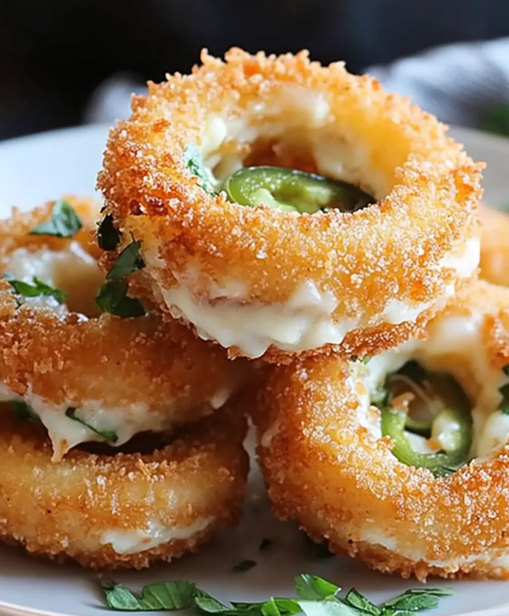 Stack of golden brown jalapeño popper stuffed onion rings showing melted cheese and jalapeño slices between crispy onion layers.