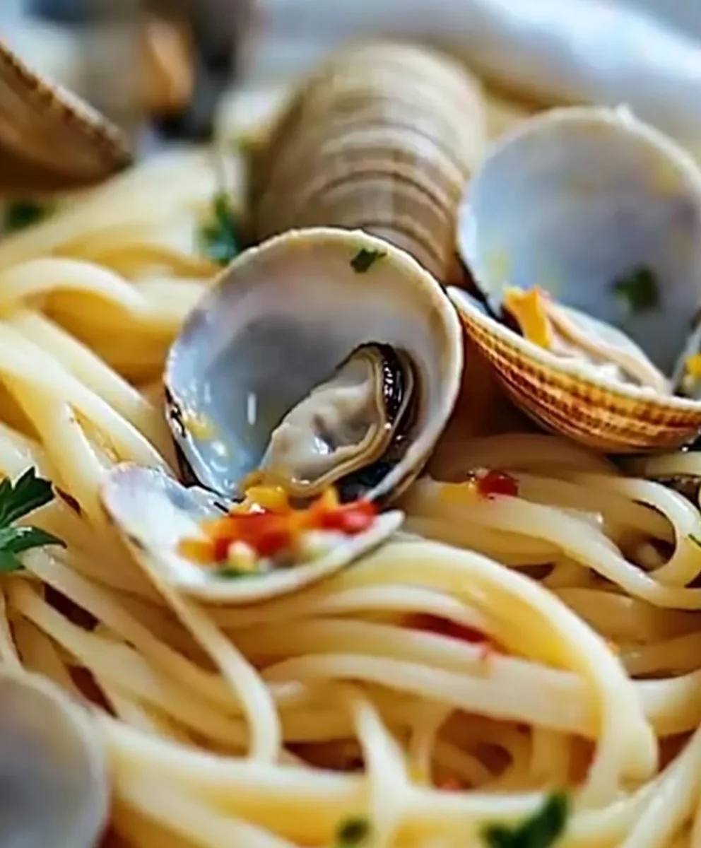 Linguine with clams in white wine and garlic sauce