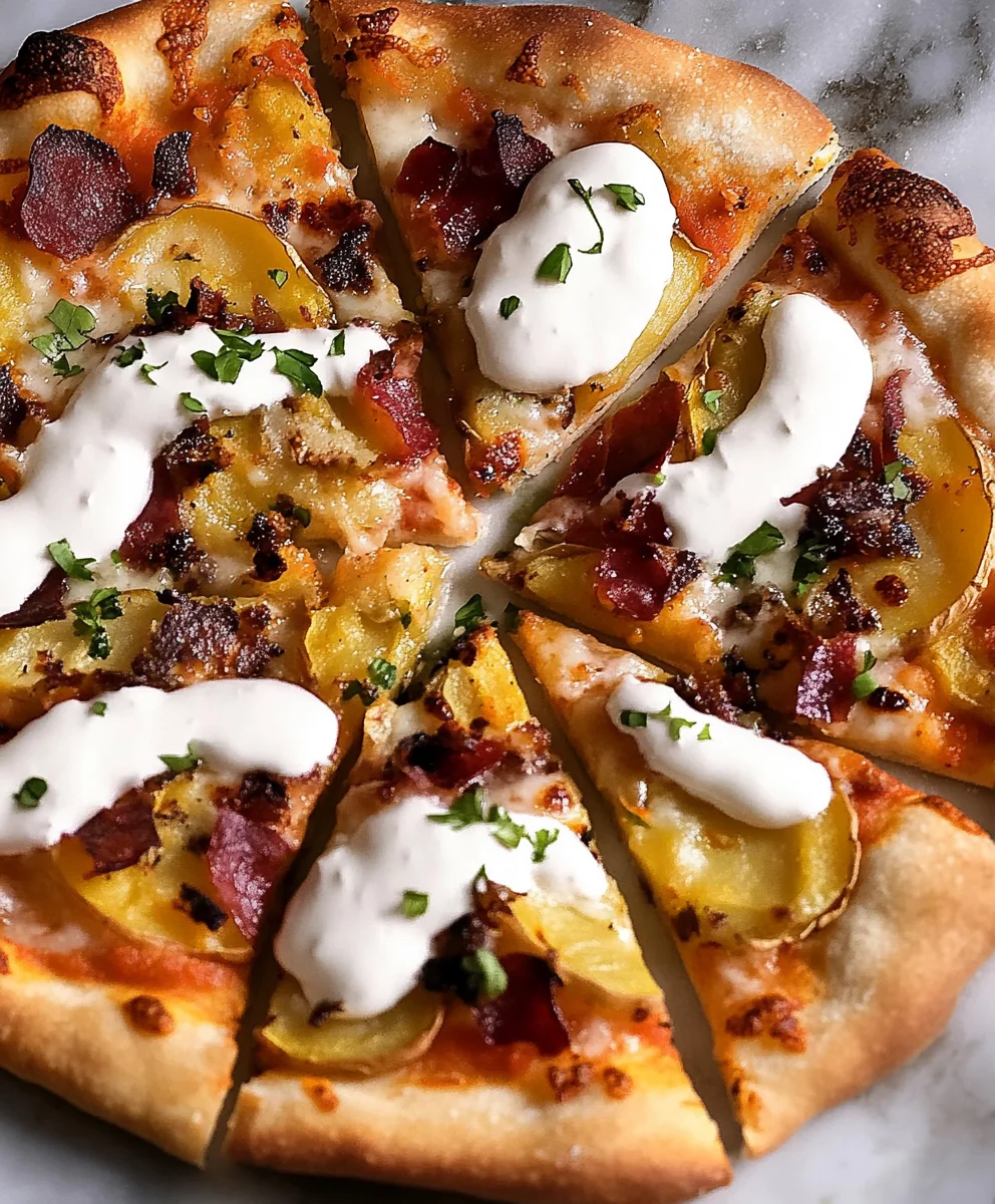 Sliced loaded potato pizza with crispy bacon, cheddar, sour cream, and fresh chives on a golden crust