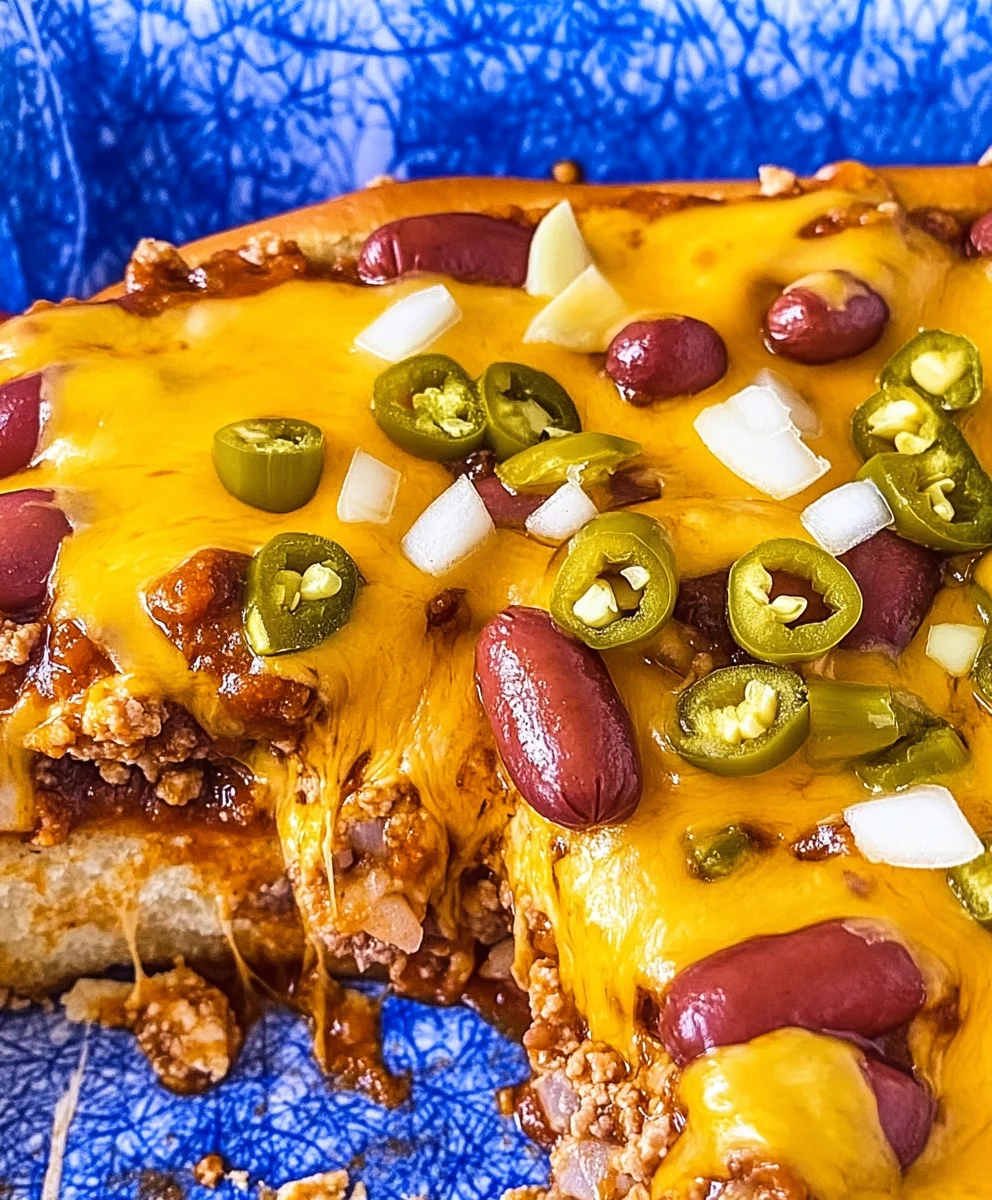 Loaded chili dog bake with Hawaiian rolls and jalapeños