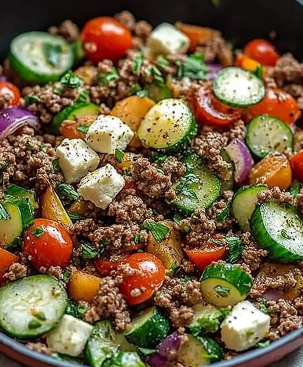 Mediterranean Ground Beef Skillet with Zucchini and Feta