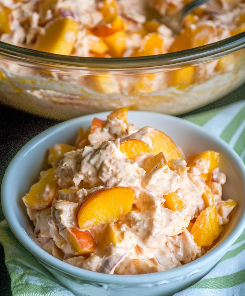 A serving of Millionaire Peach Salad in a white bowl with a larger mixing bowl in the background.