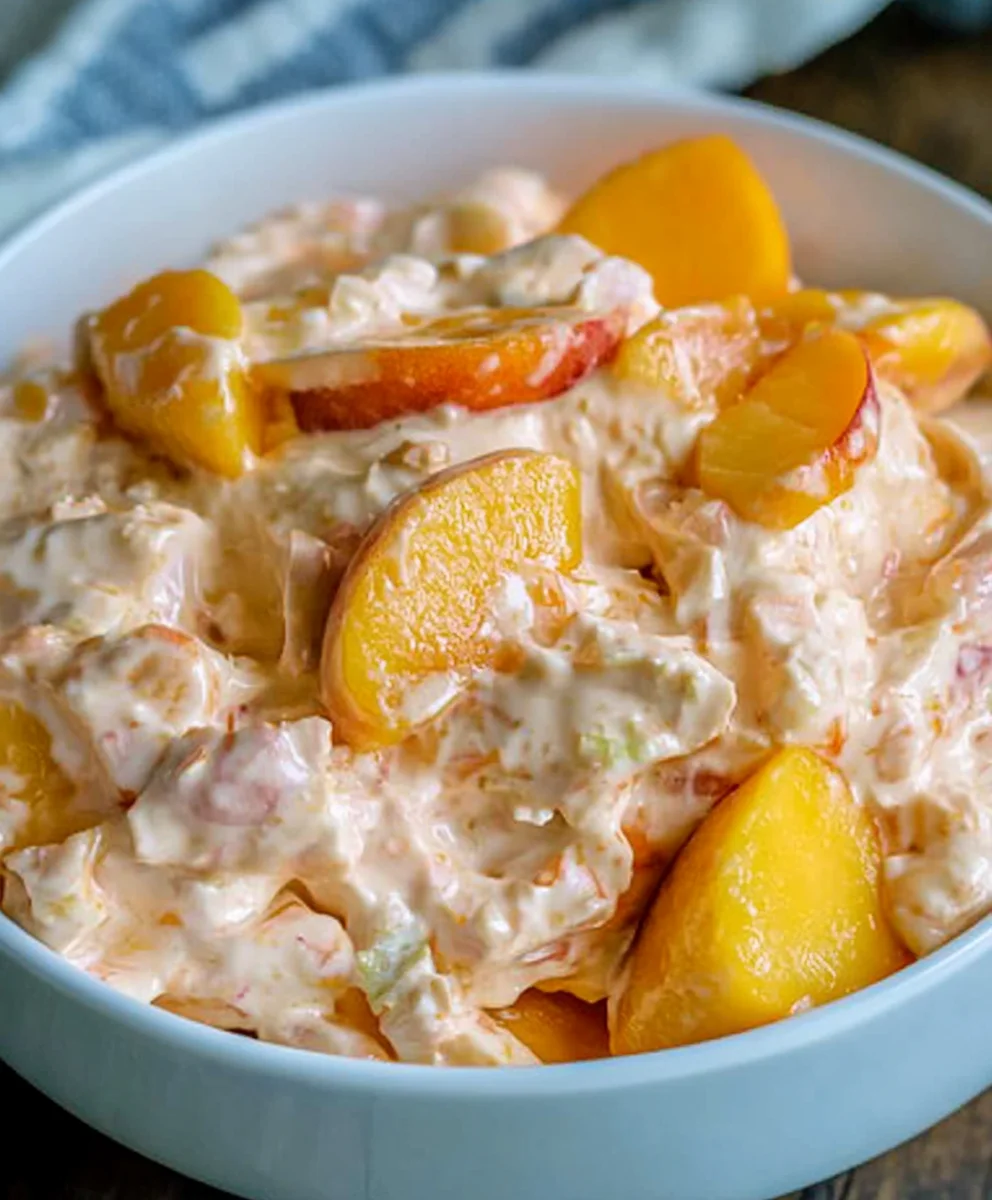 Creamy peach dessert salad with chopped pecans and marshmallows in a white bowl.