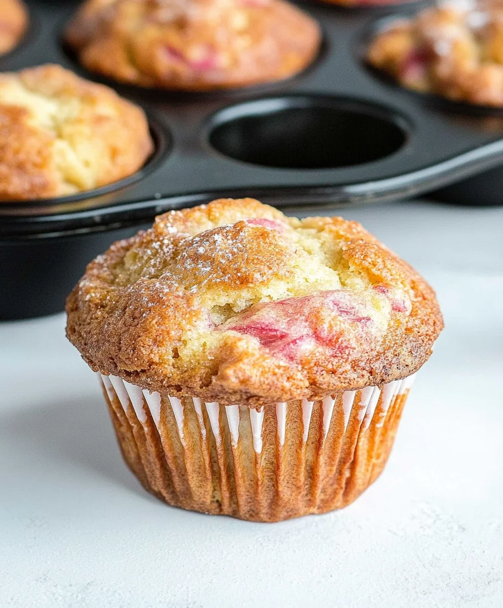 Freshly baked rhubarb muffin in a white paper liner, close-up view
