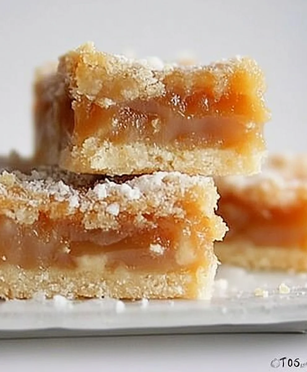 Stack of gooey salted caramel butter bars showing buttery shortbread crust and rich caramel filling