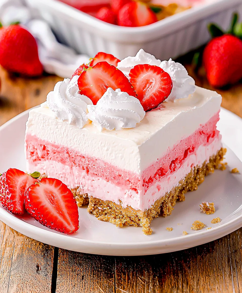 A creamy no-bake strawberry cheesecake lasagna with layers of whipped topping, strawberry mousse, and graham cracker crust, topped with fresh strawberries.