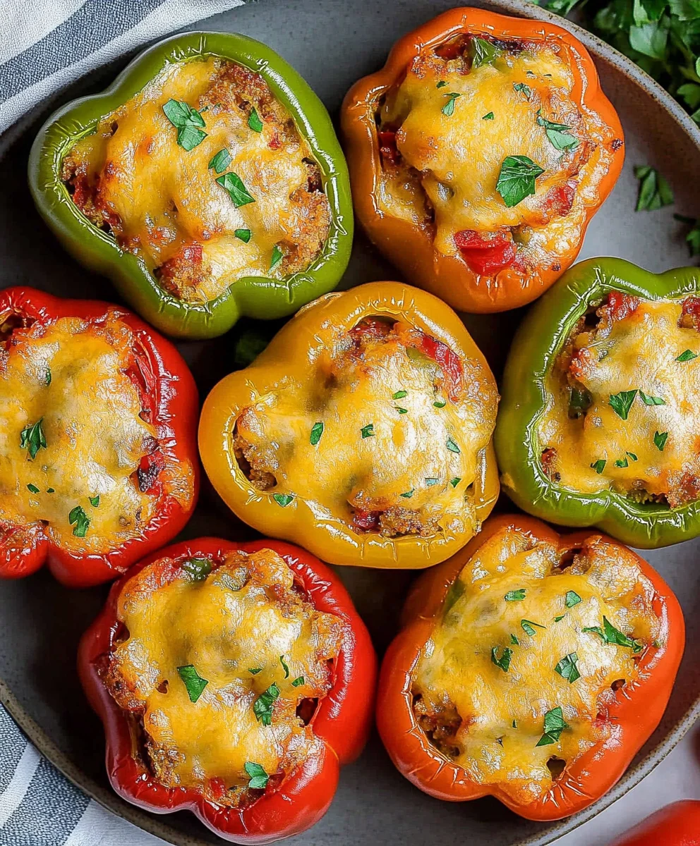 Overhead view of cheesy stuffed bell peppers fresh out of the oven