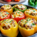 Cheesy baked stuffed bell peppers filled with ground beef and rice
