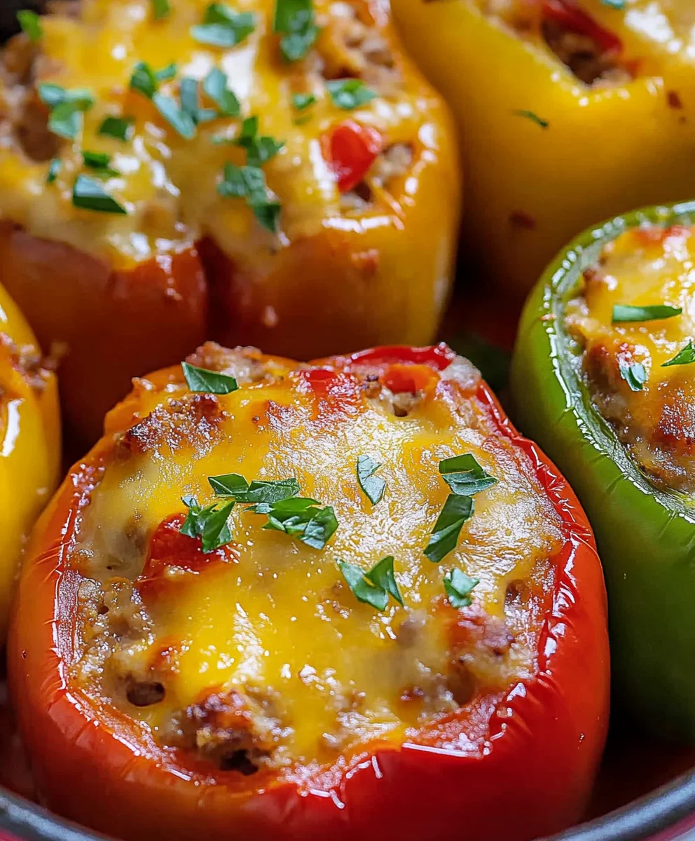 Close-up of red and yellow stuffed peppers topped with melted cheese and herbs