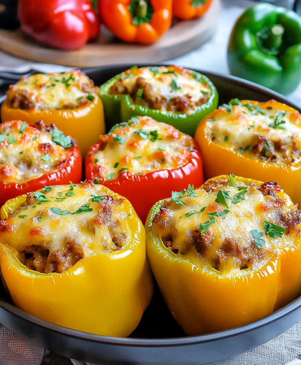 Cheesy baked stuffed bell peppers filled with ground beef and rice