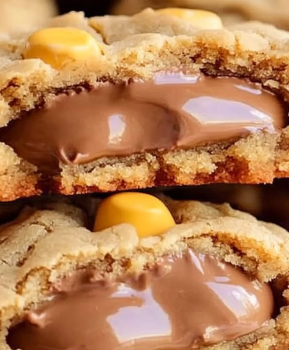 Freshly baked Triple Peanut Butter Cookies with Reese's Pieces