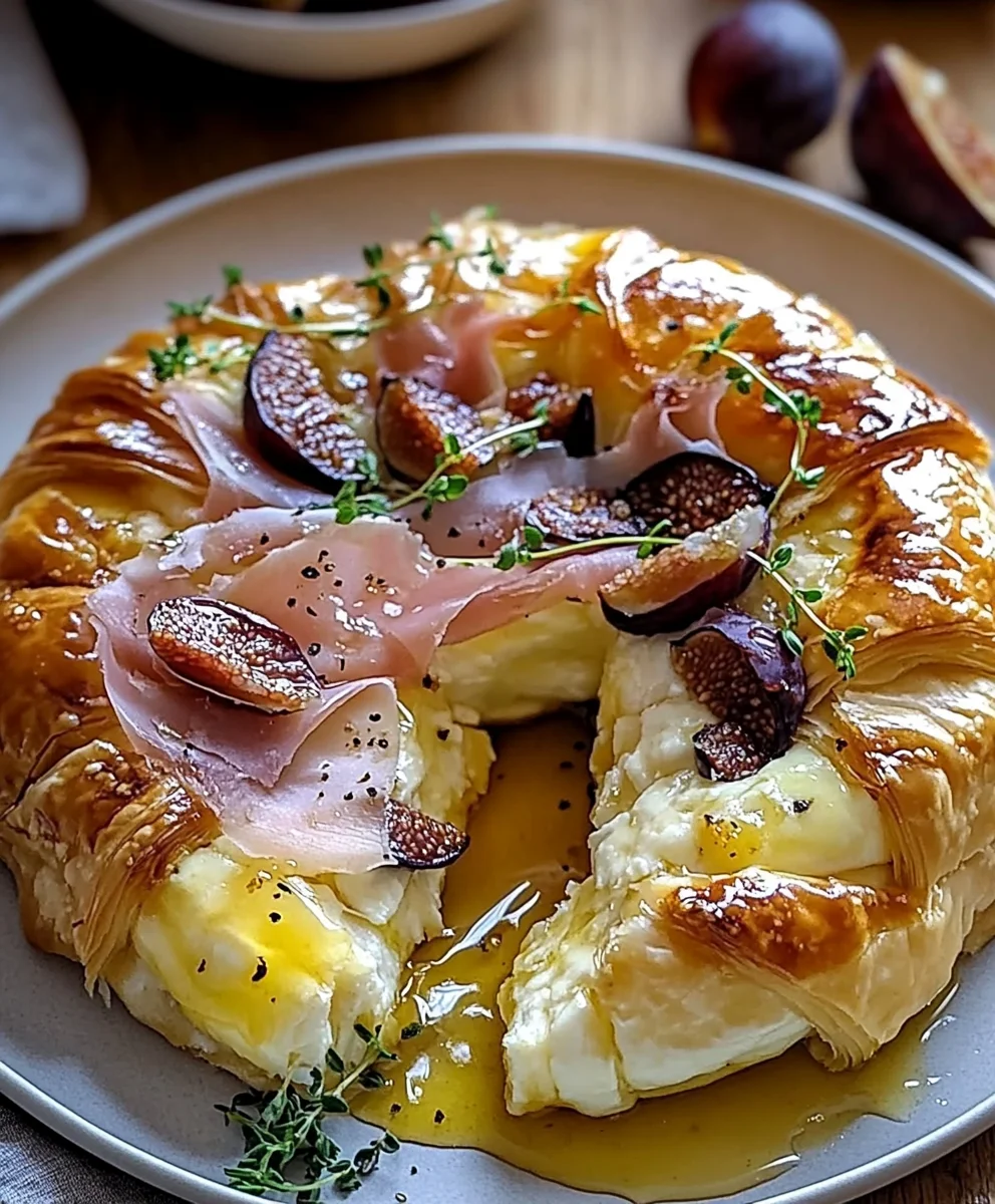 Close-up of Brie Wrapped in Puff Pastry with Figs