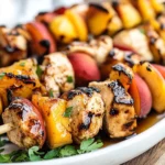 Balsamic Peach Chicken Kabobs on grill with basil garnish
