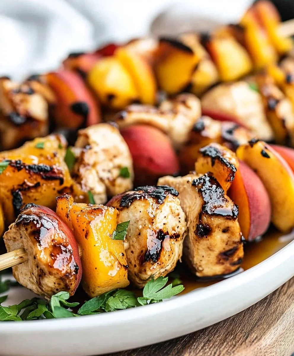 Balsamic Peach Chicken Kabobs on grill with basil garnish
