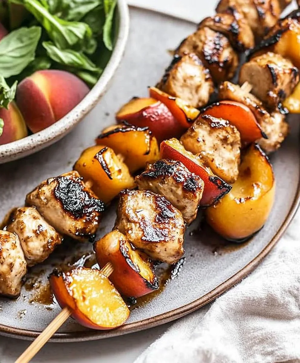 Balsamic Peach Chicken Kabobs with a balsamic glaze drizzle