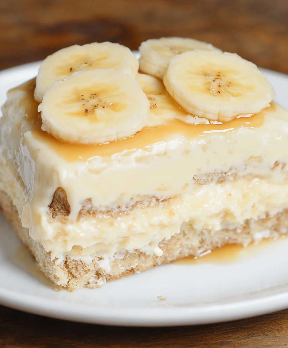 Close-up of Caramel Banana Tiramisu showing creamy layers