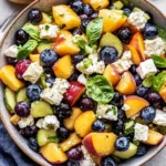 Blueberry Peach Feta Salad with lemon basil vinaigrette