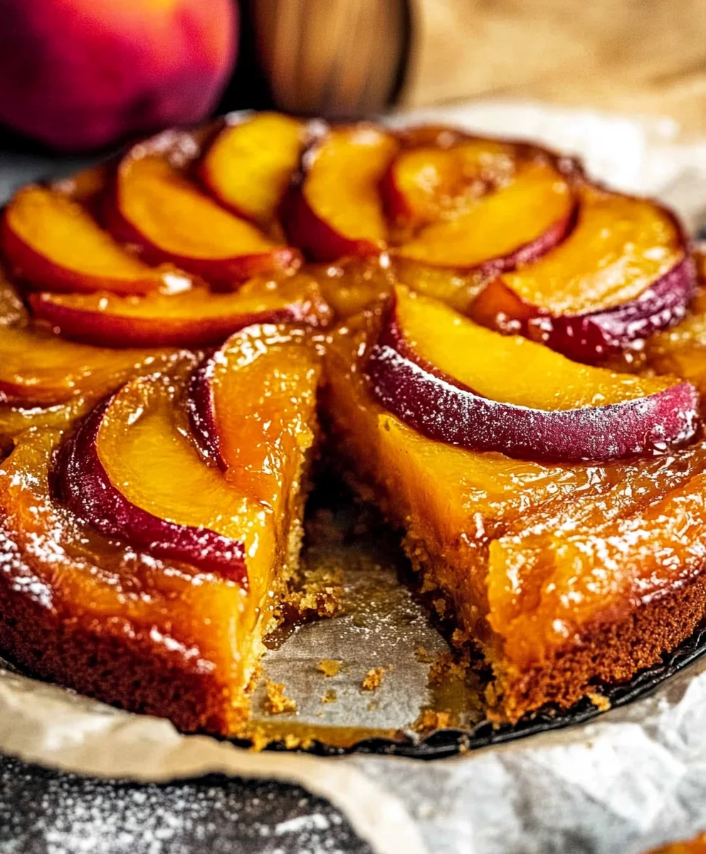 Slice of Bourbon Peach Upside Down Cake served with buttery caramel drizzle