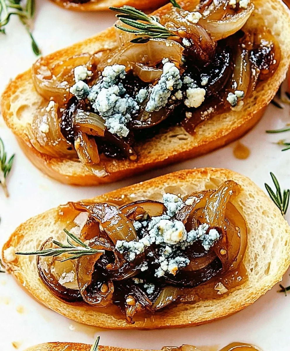 Crostini with Fig Jam and Blue Cheese on Wooden Platter