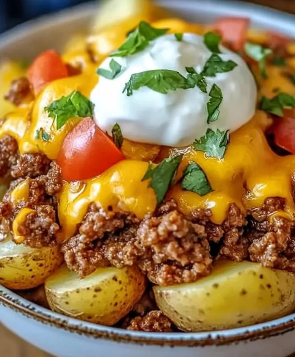 Cheesy Taco Potatoes with Ground Beef and Toppings