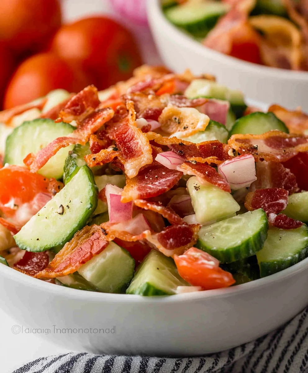 Cucumber Tomato Salad With Bacon served on a picnic plate