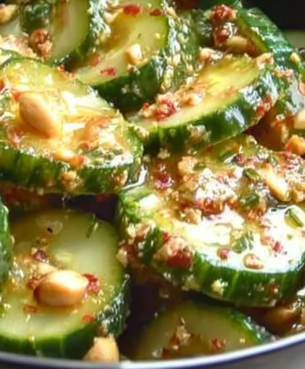 Freshly sliced cucumbers marinating in spicy peanut sauce
