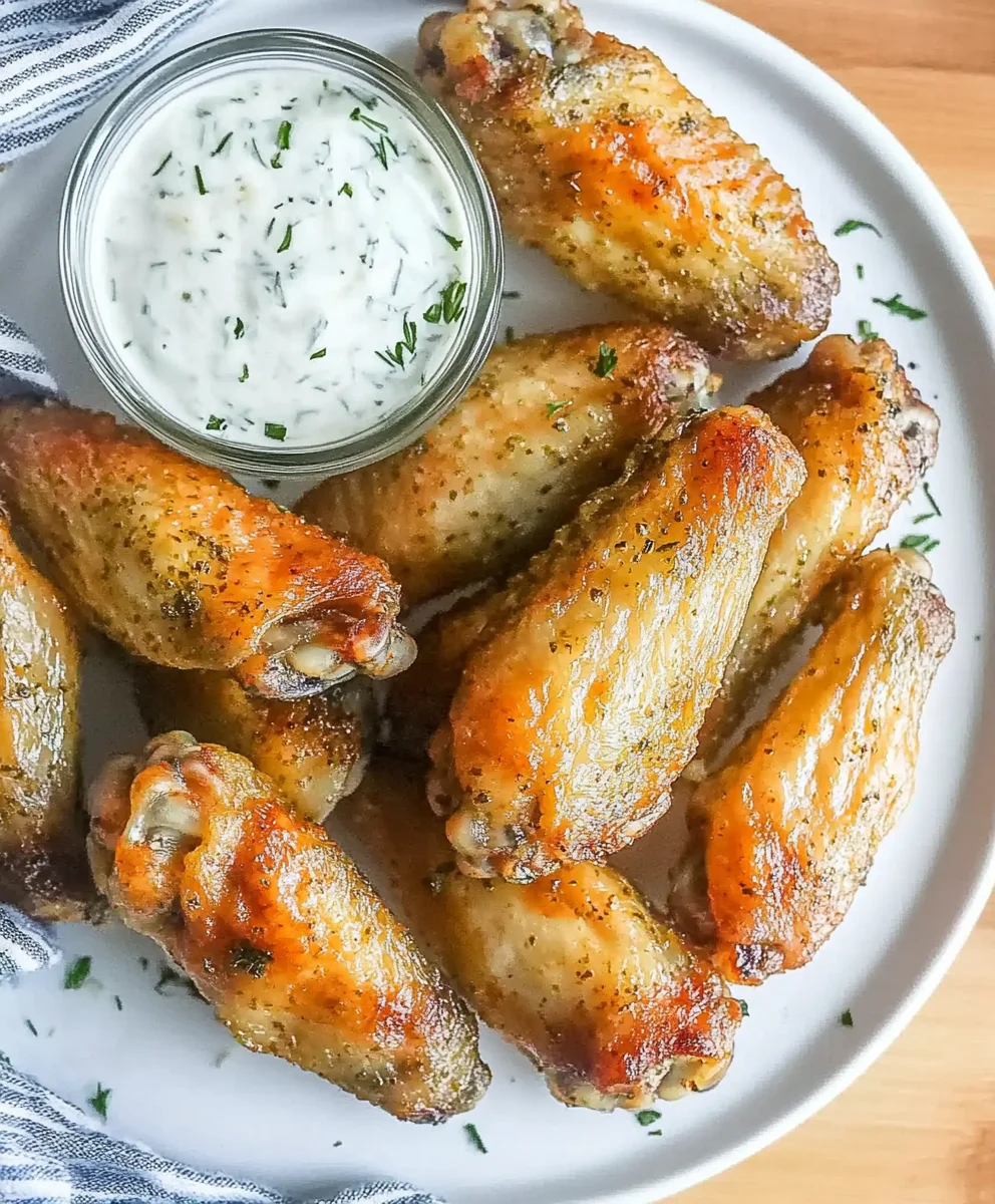 Dill pickle chicken wings on a platter with ranch dip