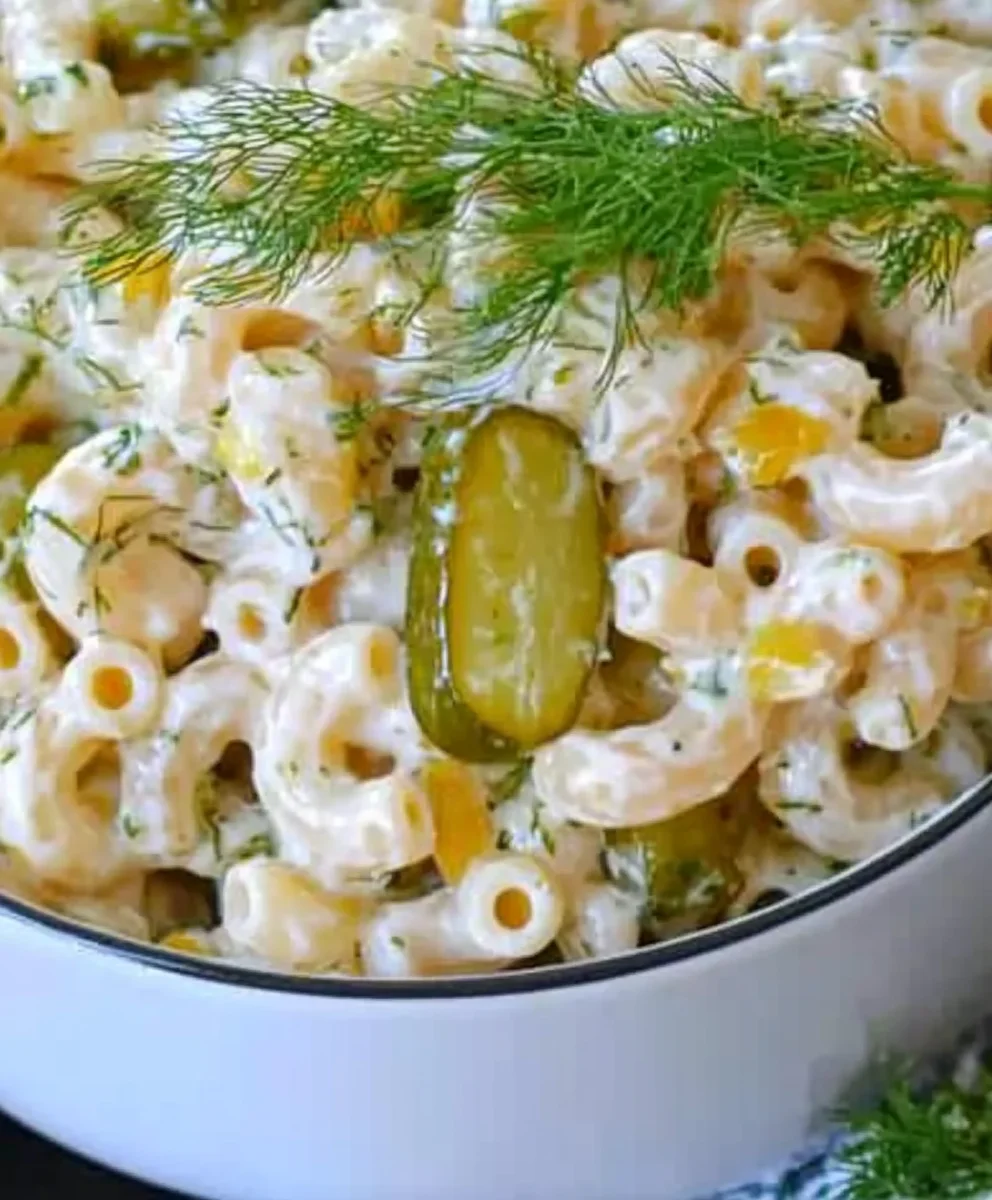 Homemade dill pickle macaroni salad with fresh ingredients