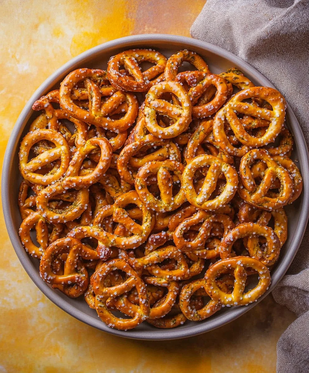 Baked dill pickle-flavored pretzel sticks perfect for parties