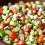 Chickpea Cucumber Salad with Feta and Tomatoes in a bowl
