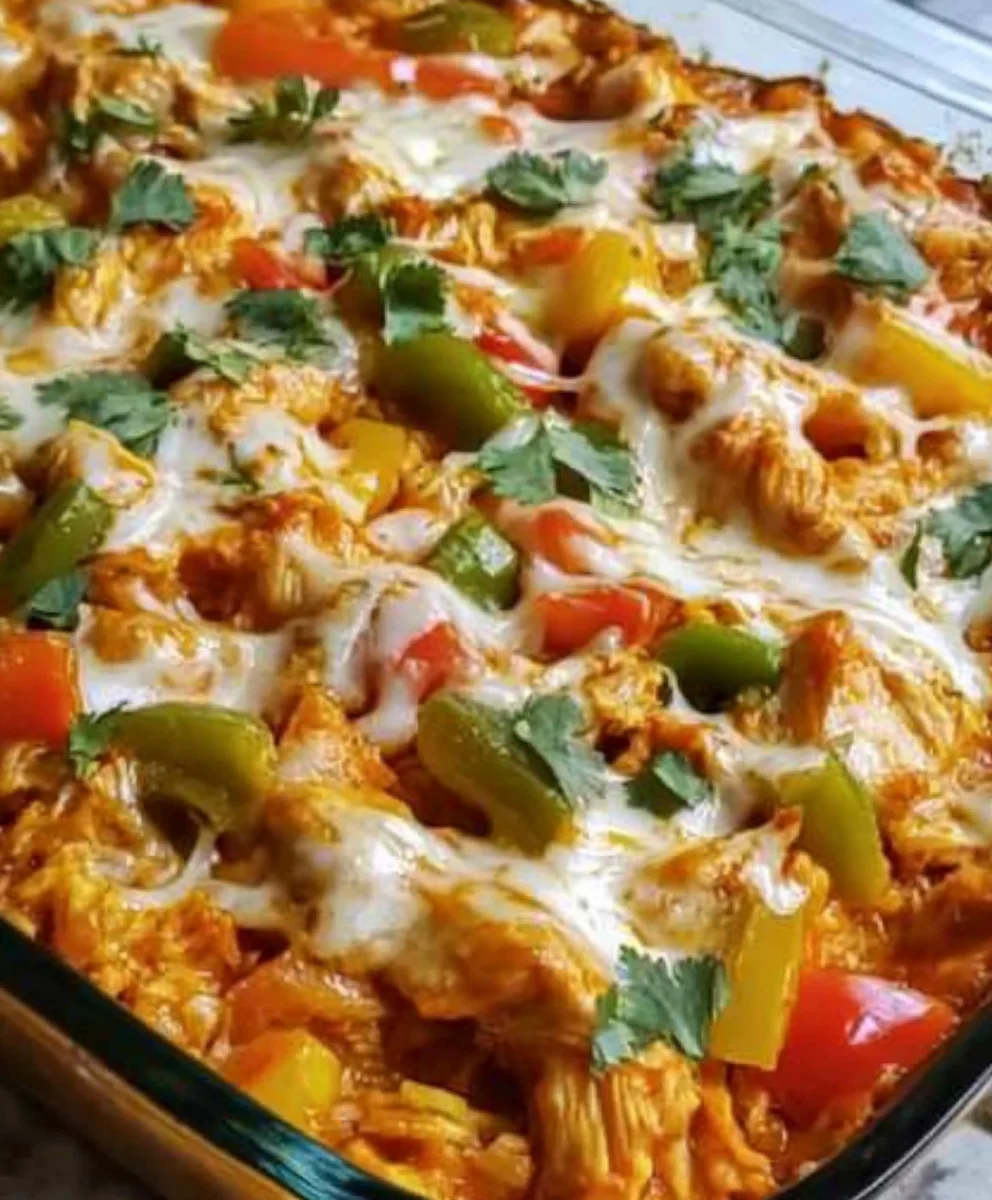 freshly baked Fajita Chicken Casserole topped with cheese