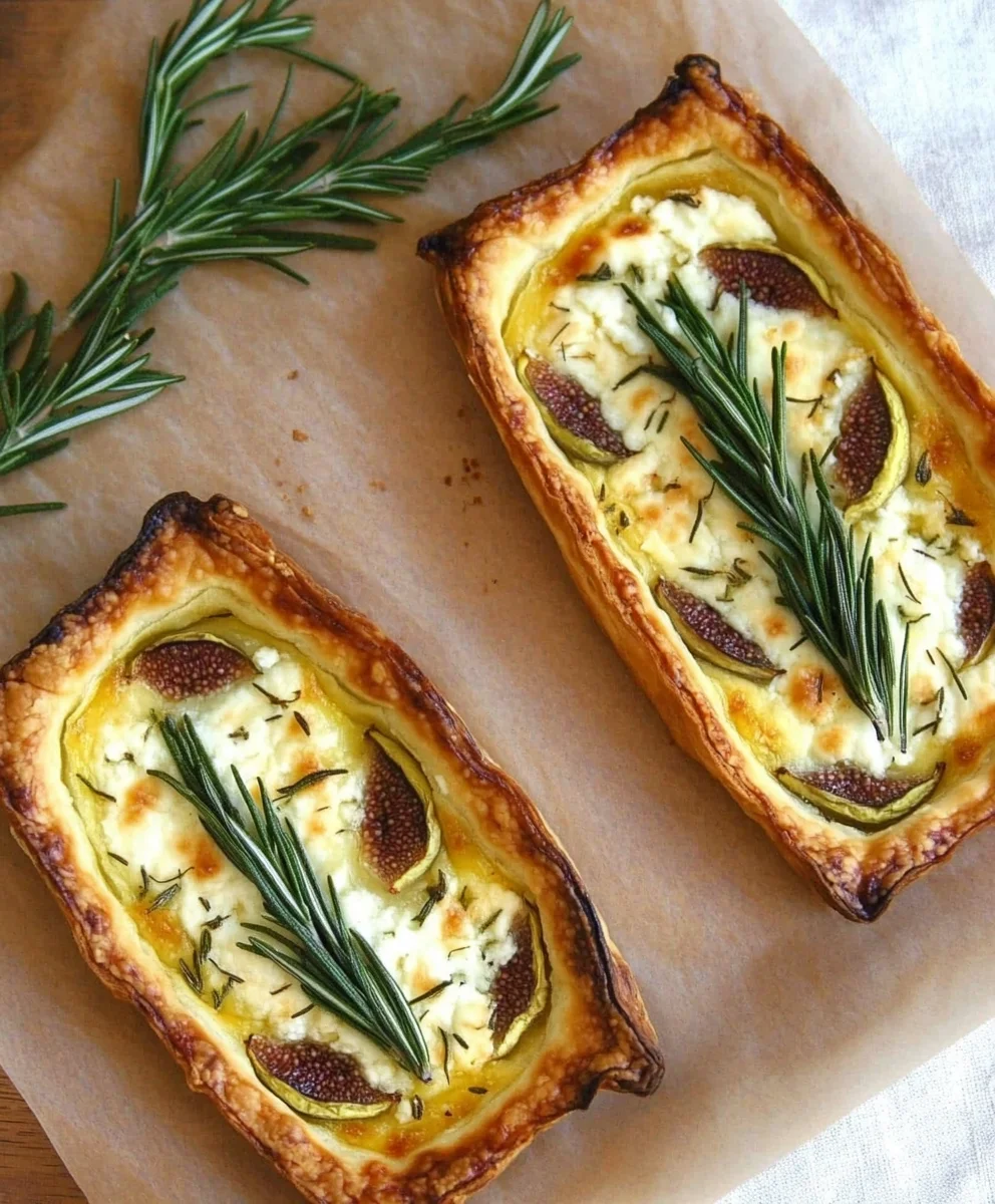 Freshly baked Fig and Goat Cheese Tarts on puff pastry