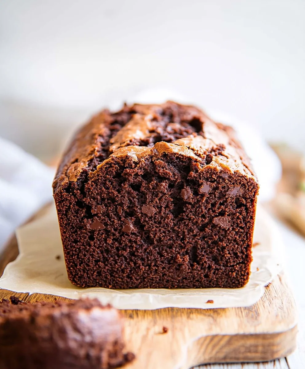freshly baked healthy chocolate zucchini bread with dark chocolate chunks