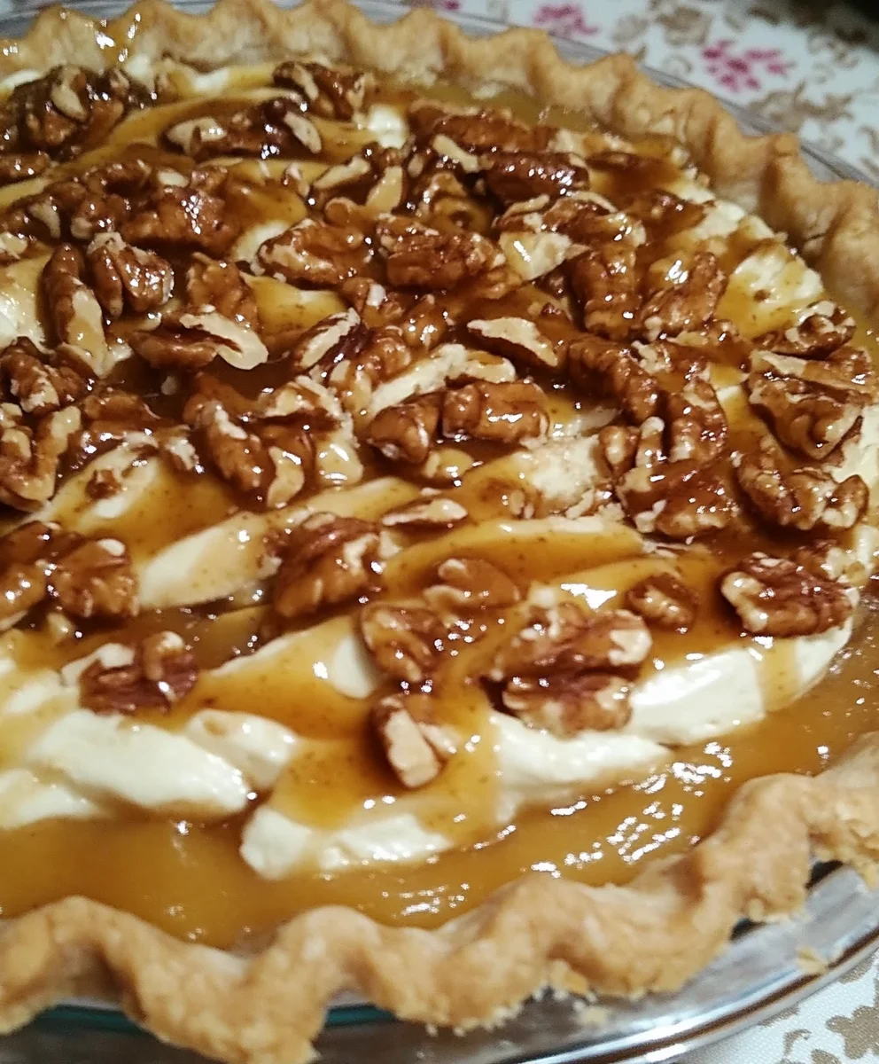 MawMaw Pie with toasted coconut and caramel drizzle