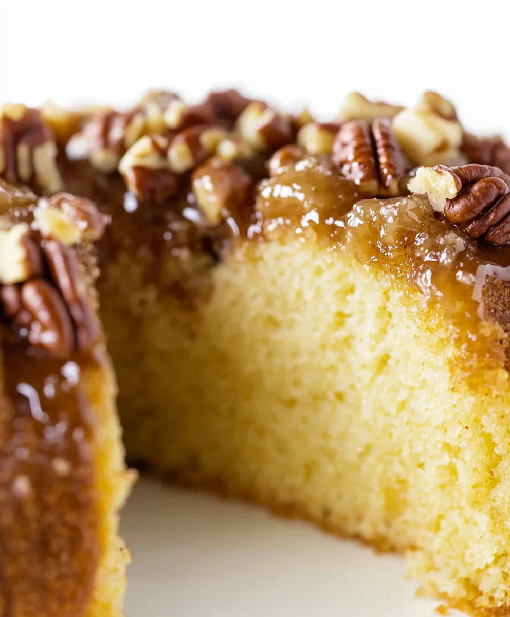 Moist Pecan Upside Down Bundt Cake with Caramel Topping