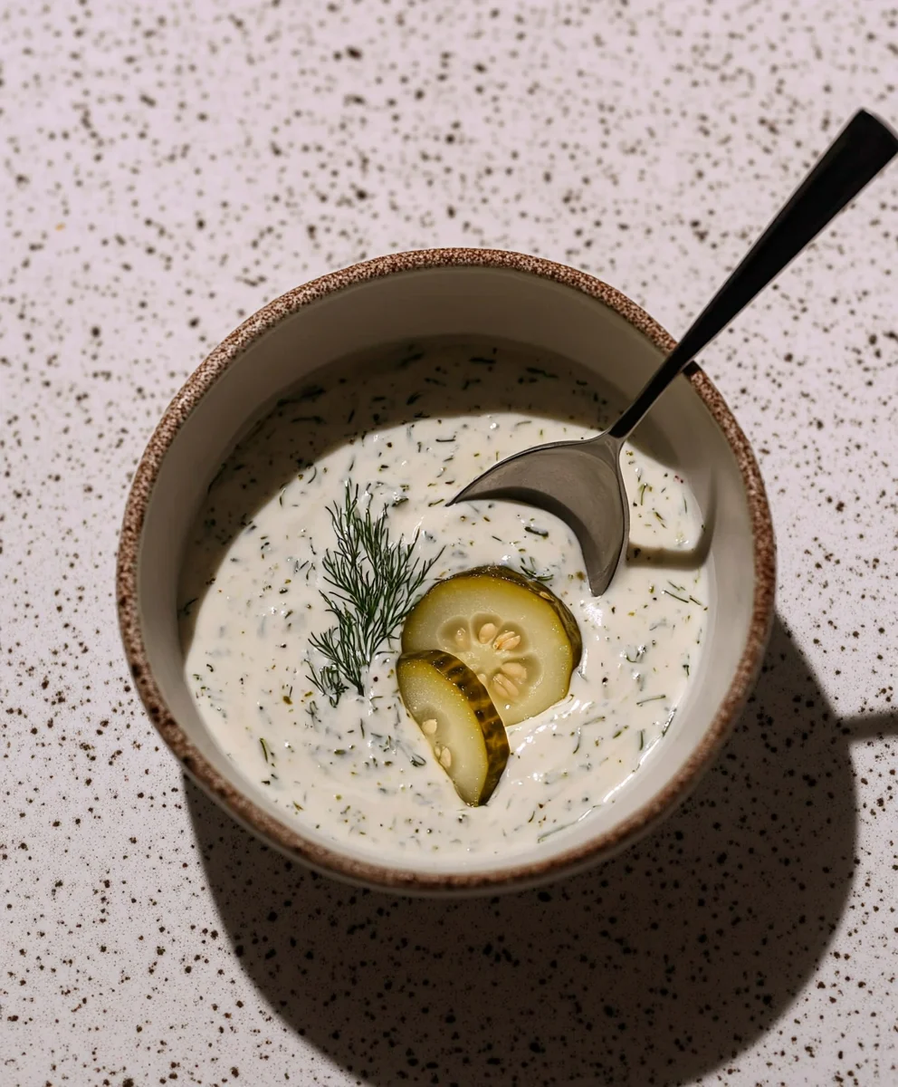 Creamy dill pickle ranch dressing in a bowl