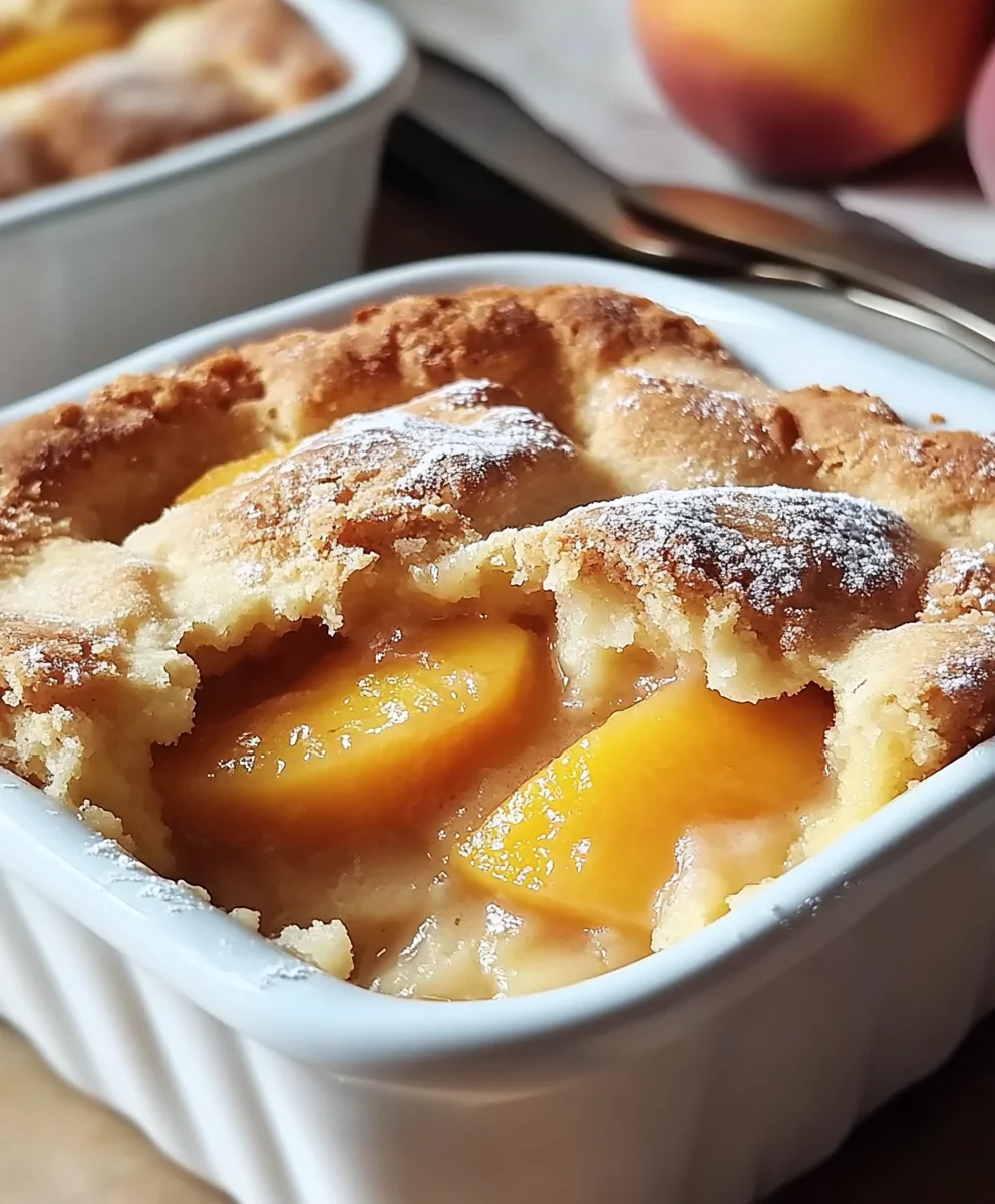 Three-layered peach cobbler with a scoop of vanilla ice cream