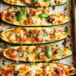 Delicious oven-baked zucchini pizza boats topped with pepperoni