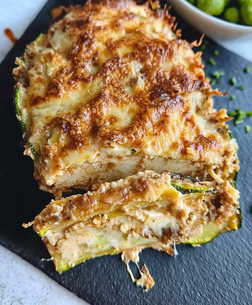 Sliced zucchini lasagna loaf with melted cheese