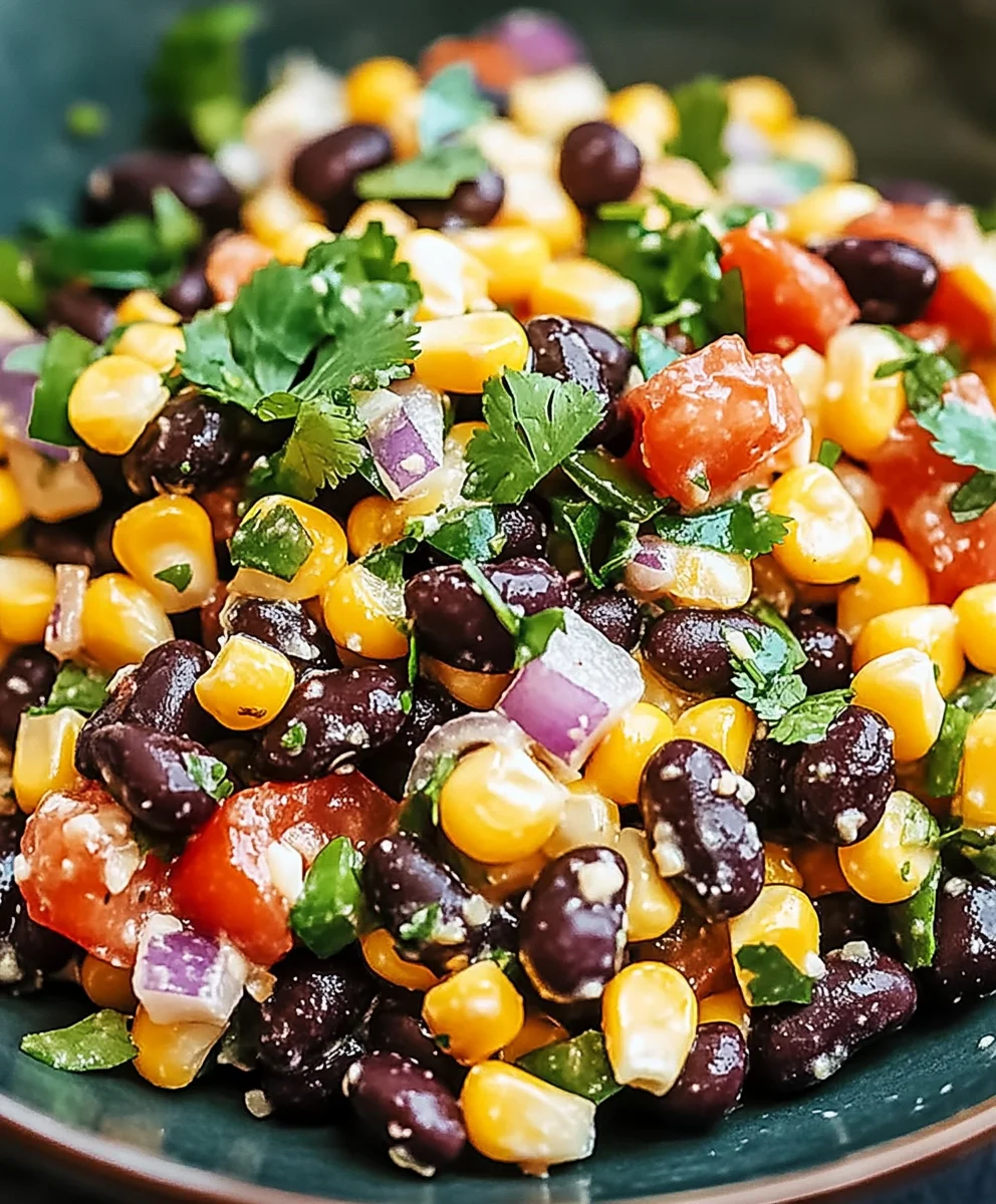 Colorful Black Bean Corn Salad Recipe on a serving plate