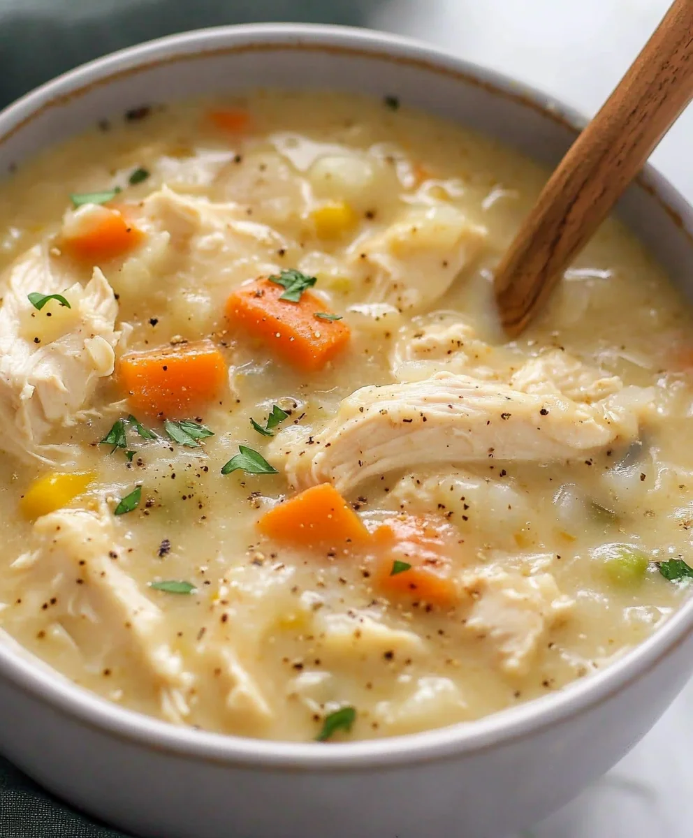 bowl of healthy chicken pot pie soup with fresh vegetables
