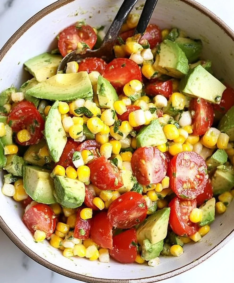 Close-up of Corn Tomato Avocado Salad with fresh herbs
